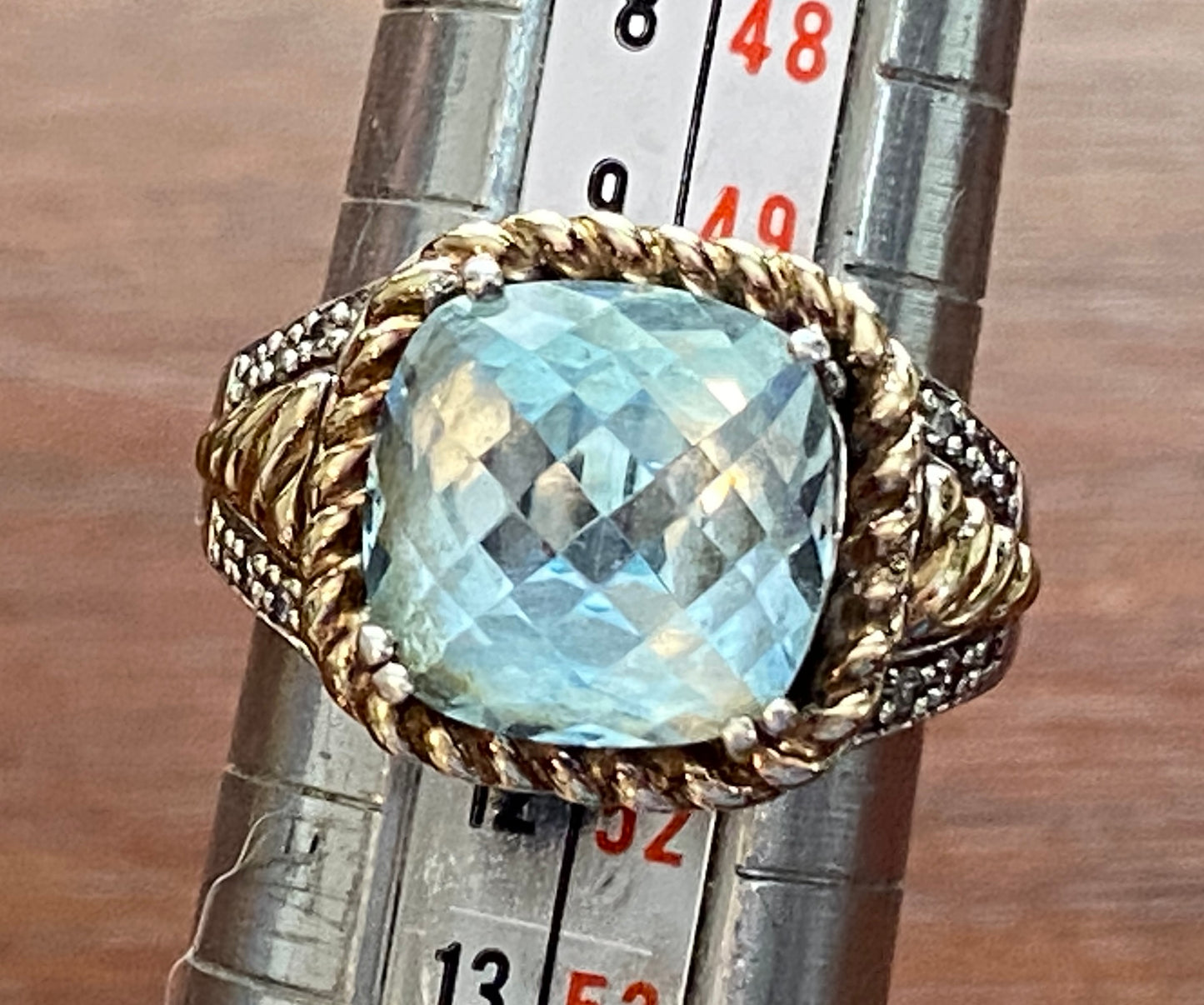 Sterling Silver 925 14k Yellow Gold Blue Topaz Diamond Ring Sz 5.25