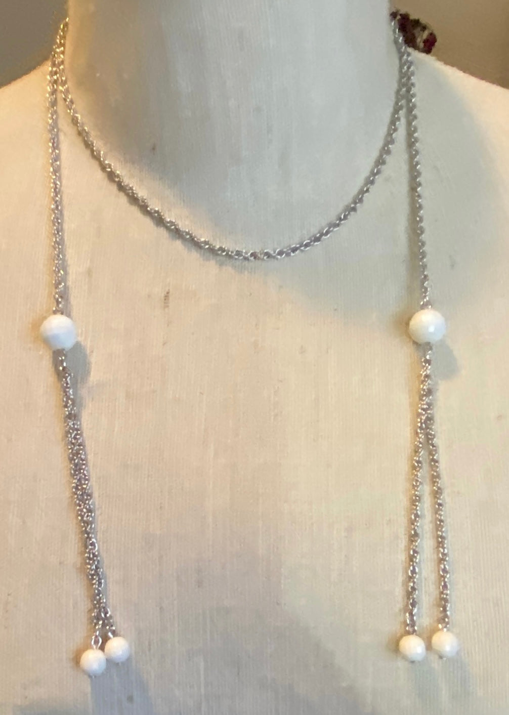 Silver Tone Chain Link White Faceted Bead Wrap Necklace