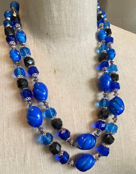 Pretty Shades of Blue Vintage Multistrand Chunky Bead Necklace