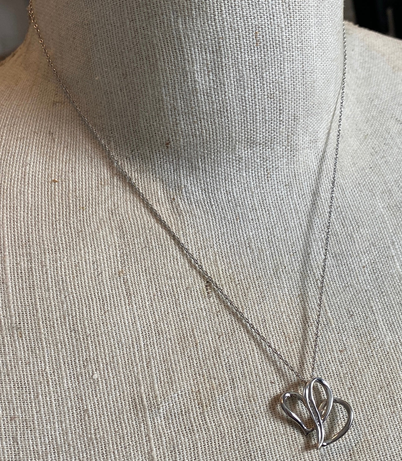 Sterling Silver Chain Double Heart Baguette Diamond Pendant Necklace