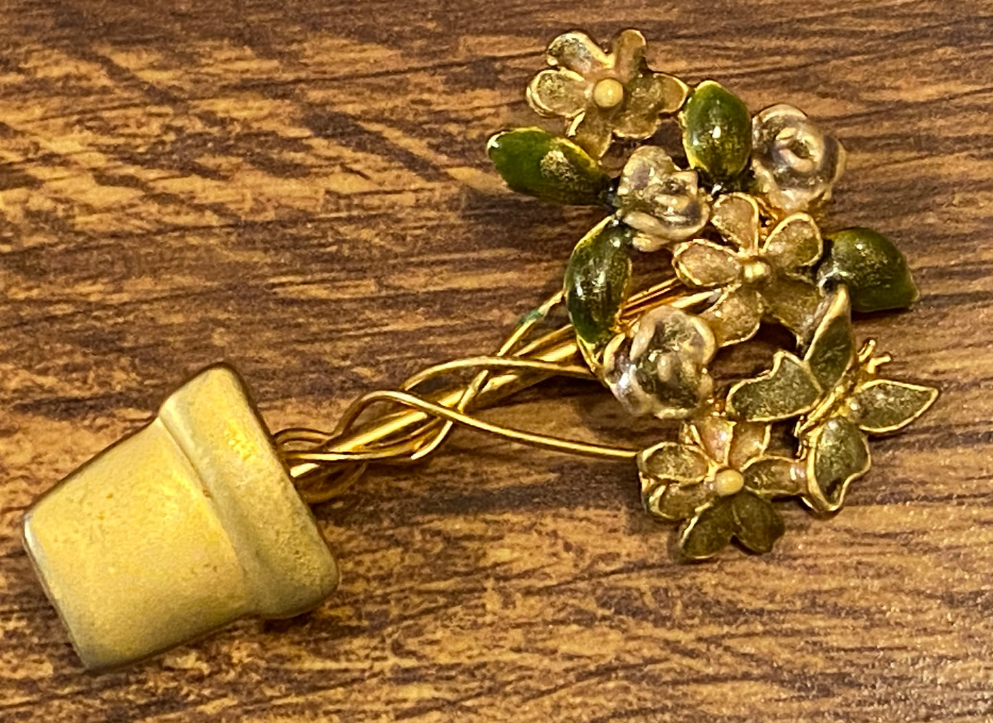 Vintage Enamel Brushed Matte Gold Tone Metal Flower Plant Large Brooch Pin