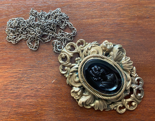 Large Vintage Victorian Revival Black Intaglio Brass Pendant Necklace
