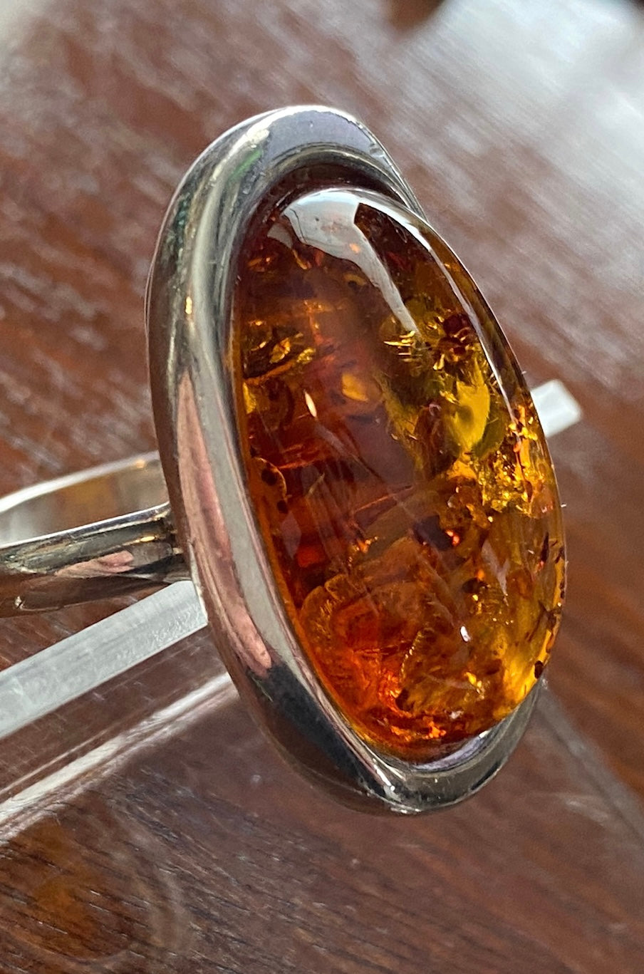 Large Faux Amber Cabochon Sterling Silver Modern Design Ring Sz 8.75