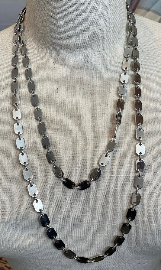Silver Tone Metal Tag Style Chain Link LONG Necklace