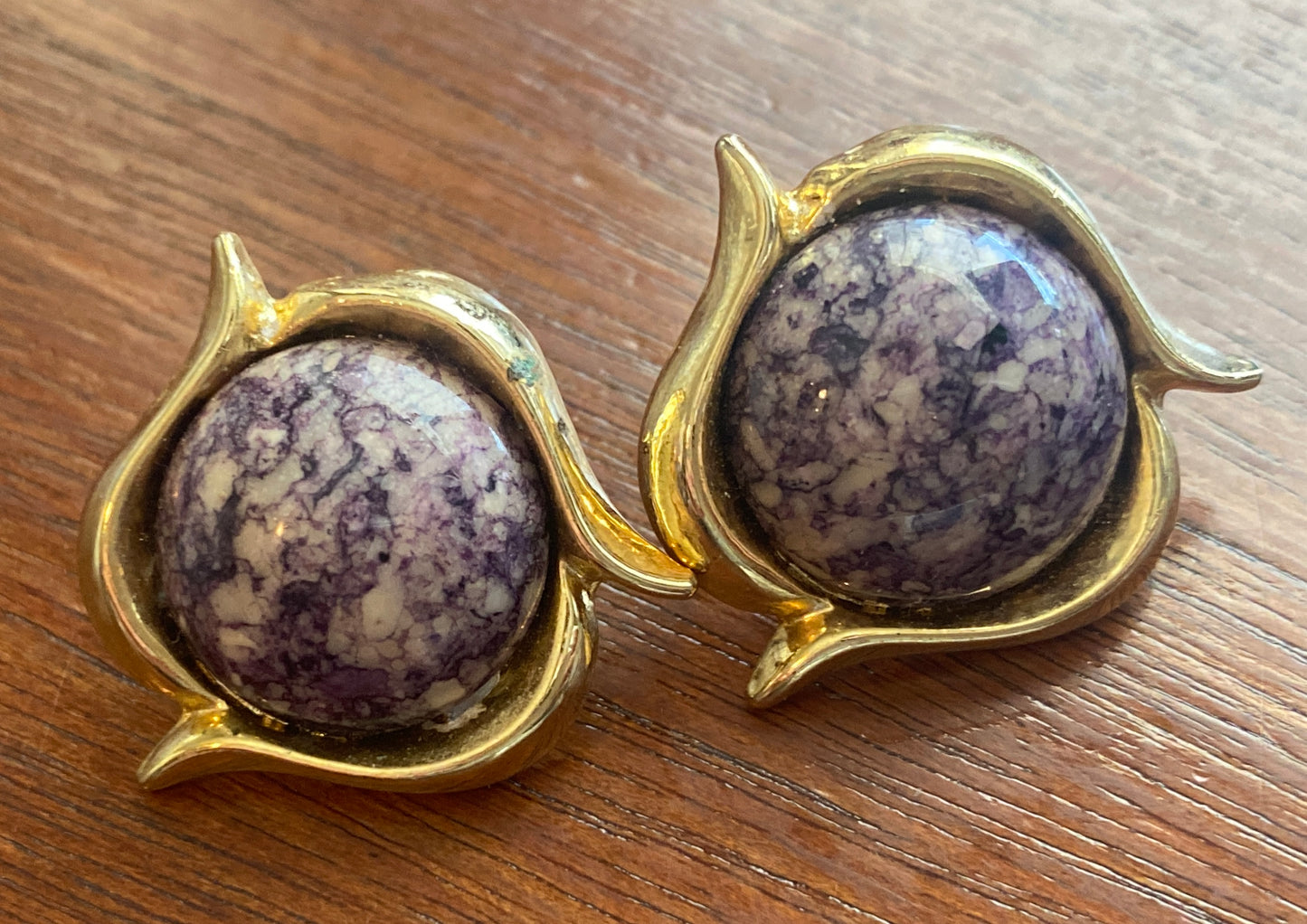 Vintage Gold Tone Marbled Faux Stone Pierced Earrings