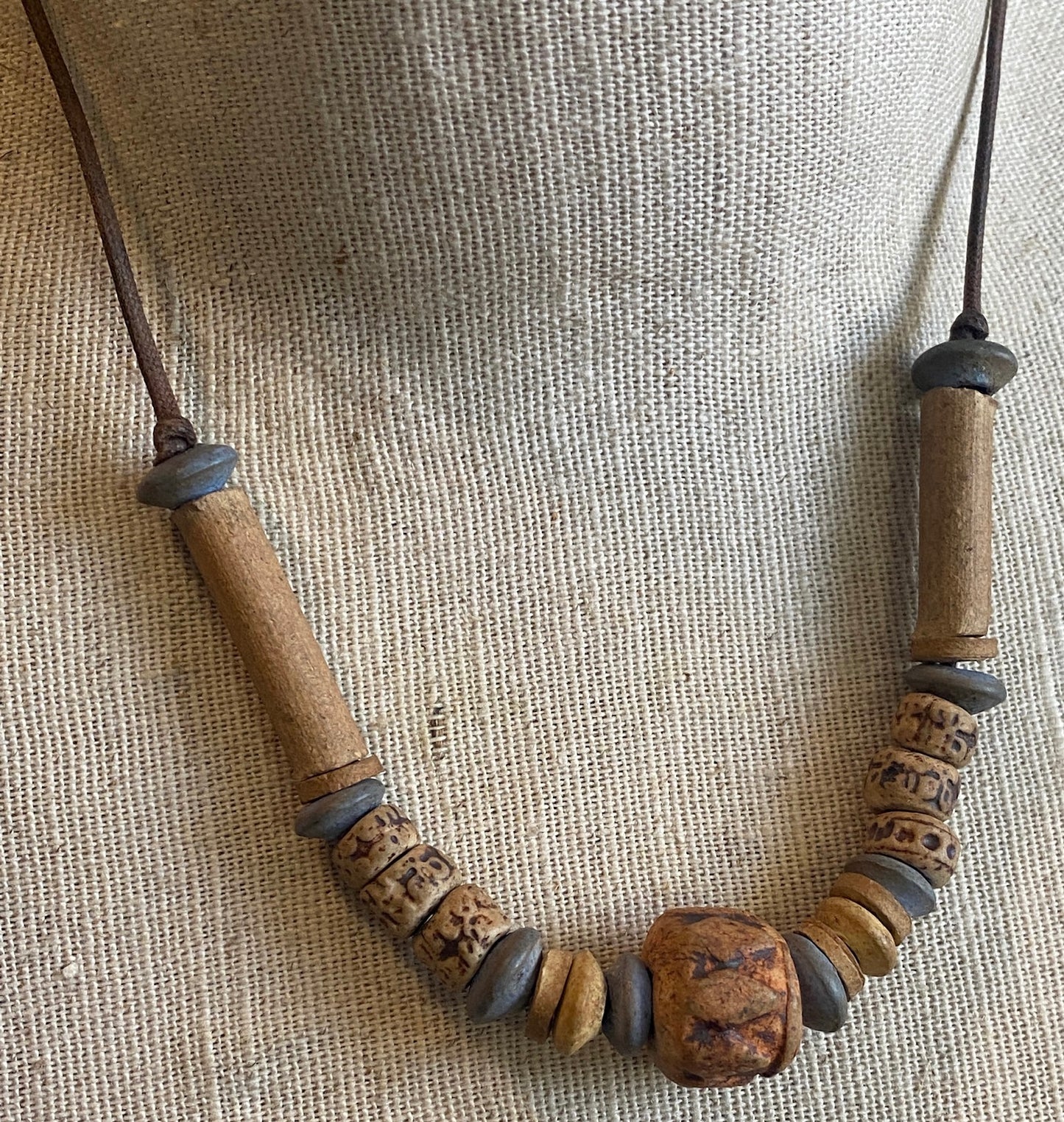 Wood Carved Stone Bead Leather Cord Necklace Tie Clasp Blue Orange Tones
