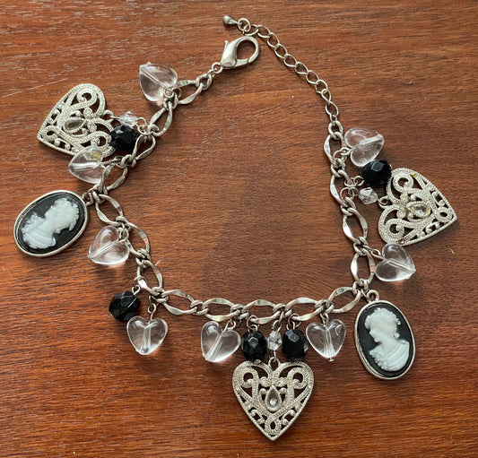 Victorian Style Silver Tone Metal Charm Bracelet Puffy Hearts Faux Cameos Beads