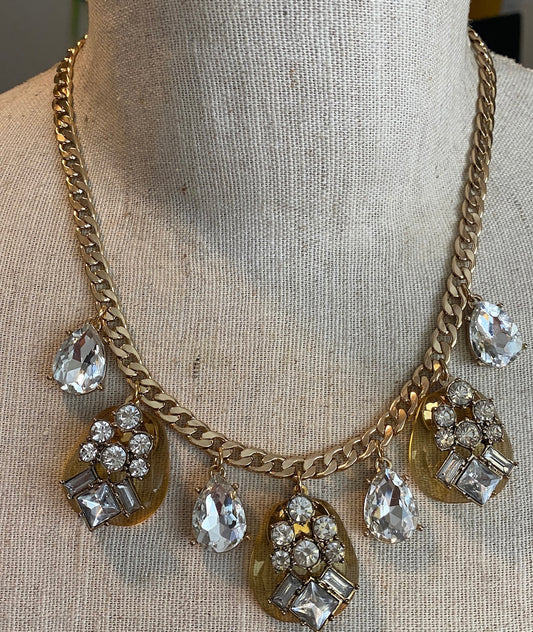 Gold Tone Metal Chain Rhinestone Statement Pageant Collar Necklace