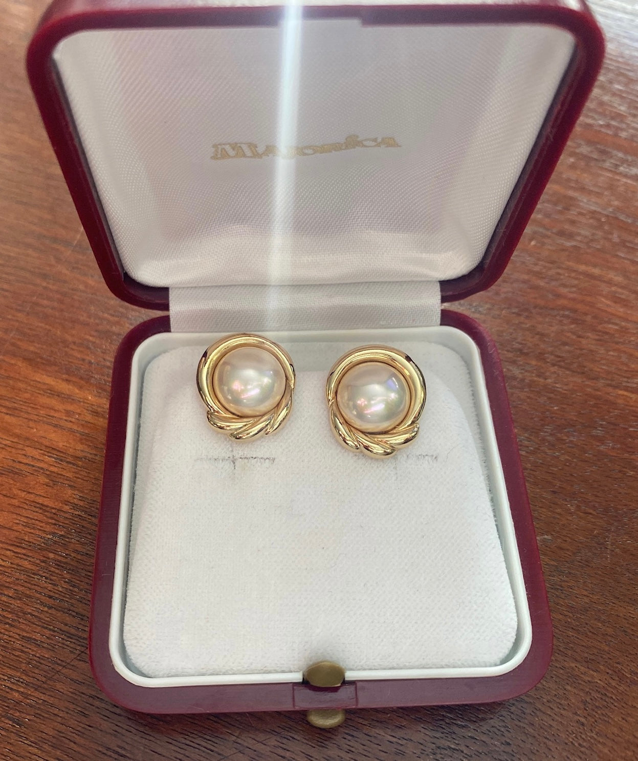 Vintage Majorica Gold Vermeil Faux Pearl Clip on Earrings in Box