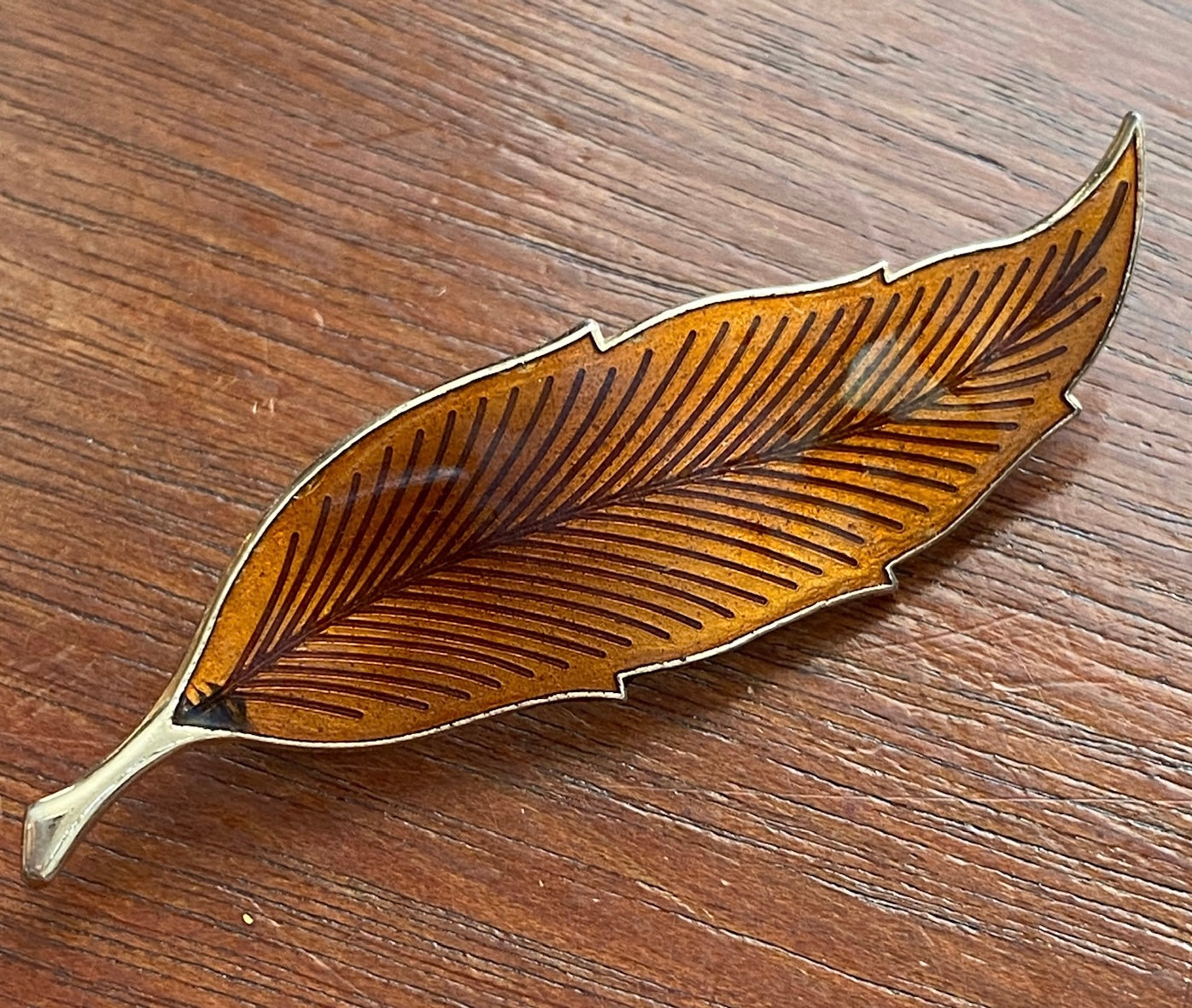 Vintage Copper Tone Enamel Metal Feather Leaf Brooch Pin