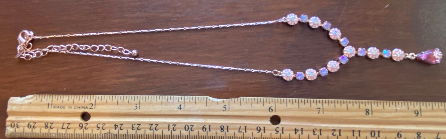 Avon Rose Gold Tone AB Aurora Borealis Pink Enamel Flower Rhinestone Necklace