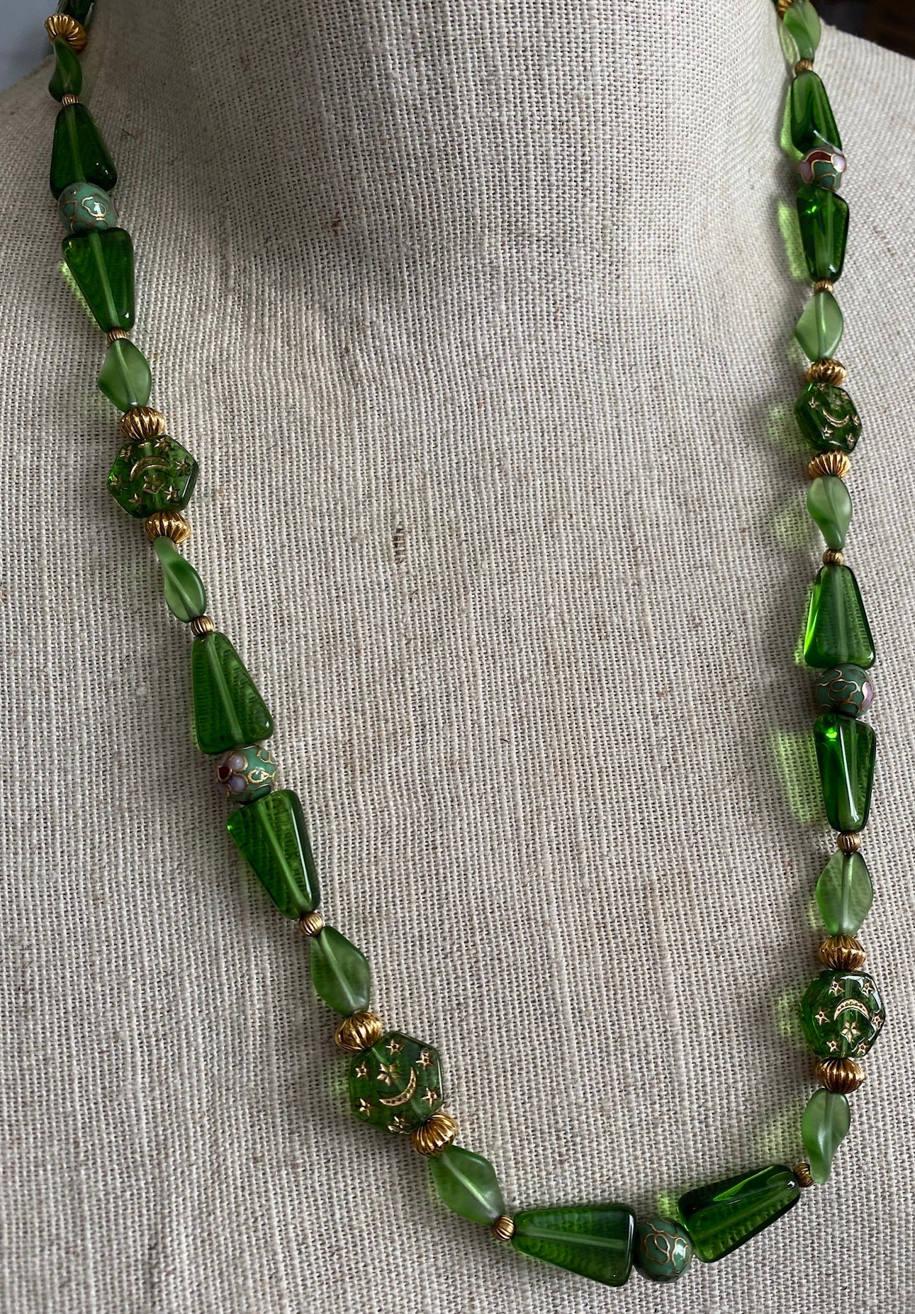Vintage Cloisonne Floral Beads Moon Stars Green Necklace