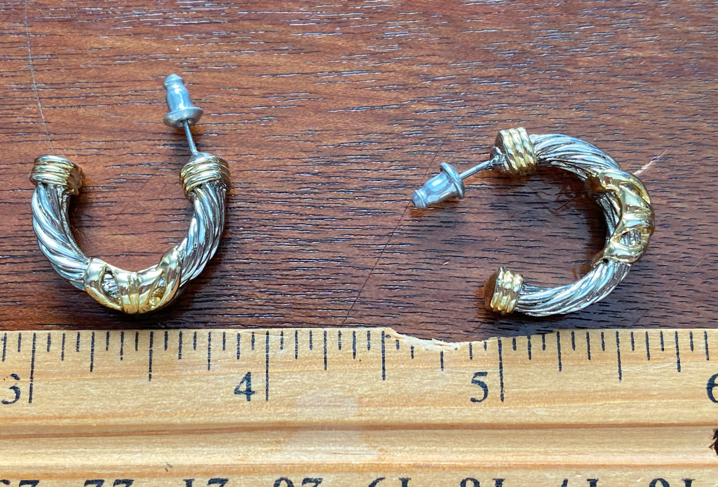 Vintage Silver Gold Tone X Pattern Half Hoop Mogul Style Pierced Earrings