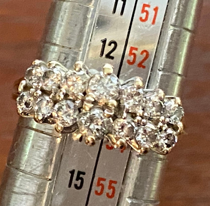 14k Yellow Gold 2 Row Round Cut Diamond Ring Sz 6.5