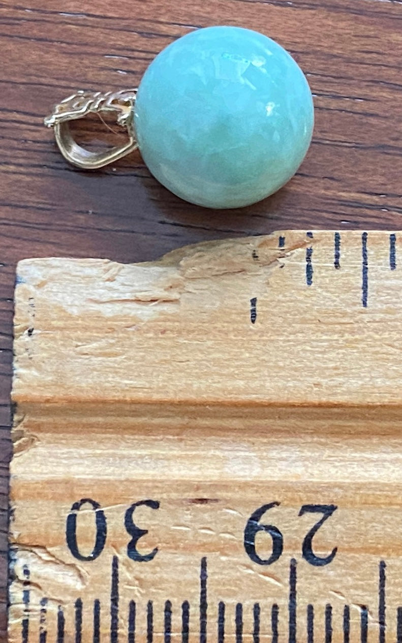 14k Yellow Gold 10.25mm Green Jade Bead Necklace Pendant