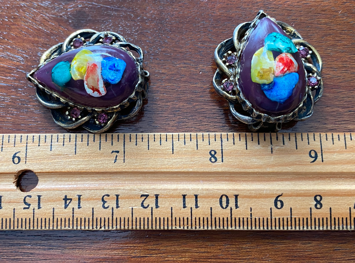 Vintage 80's Large Colorful Rhinestone Resin Confetti Clip on Earrings