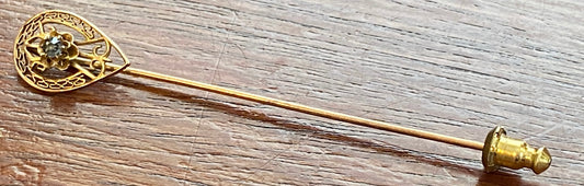 Vintage 12k Yellow Gold Gray Blue Glass Filigree Hat Stick Pin