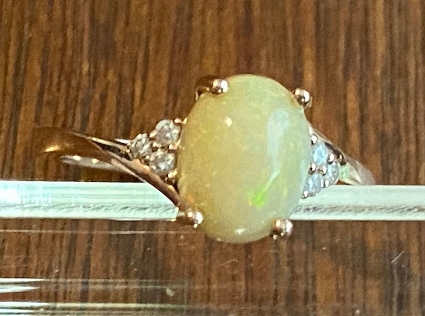 Signed RI 10k Yellow Gold Opal Cabochon Diamond Accent Ring Sz 6.5