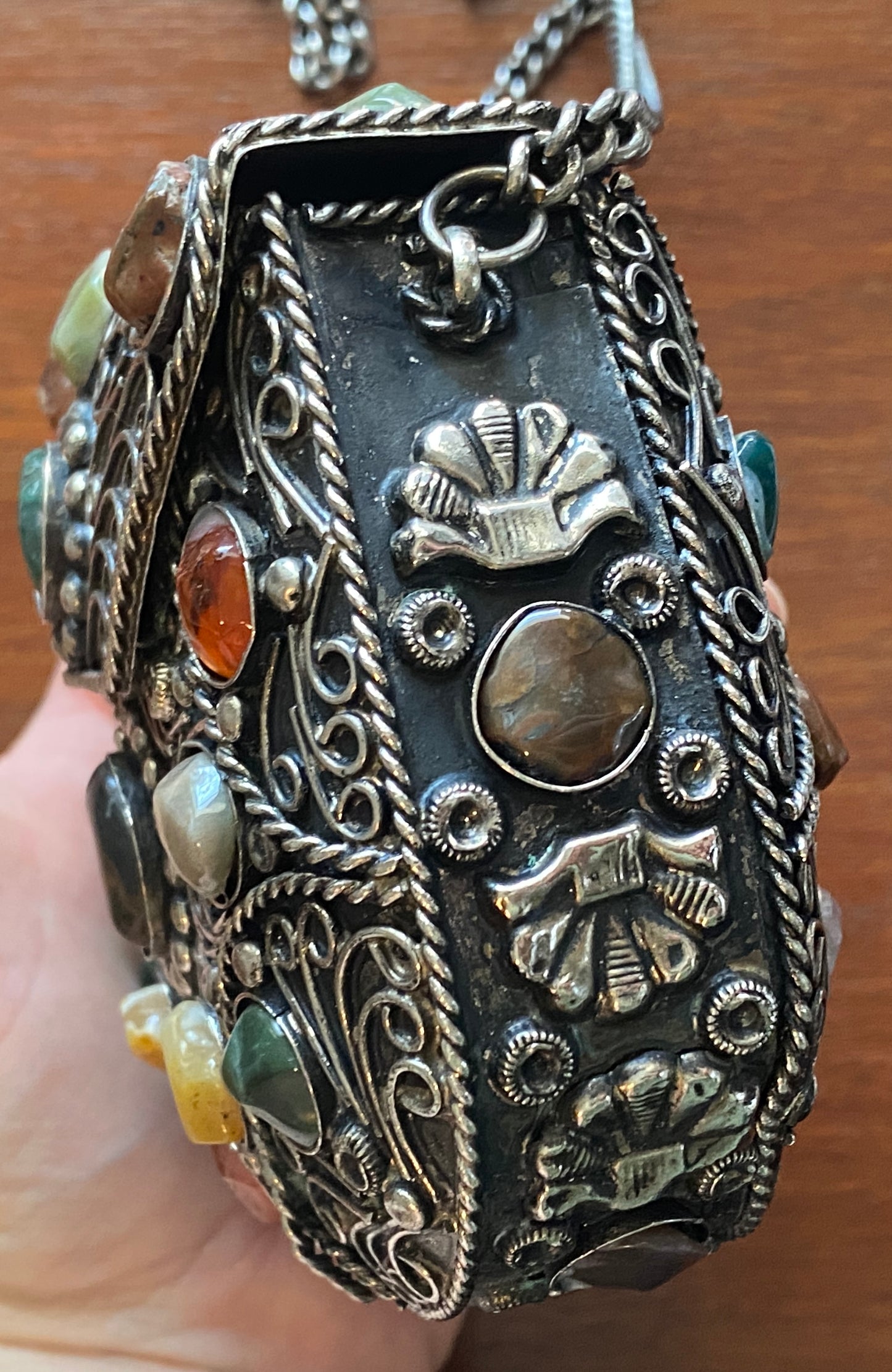 Vintage Sajai Metal Purse Handbag with Natural Agate Stones and Chain Strap