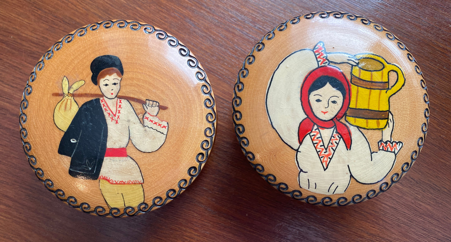 Vintage Wood Carved Trinket Box Set Boy & Girl Romania Souvenir