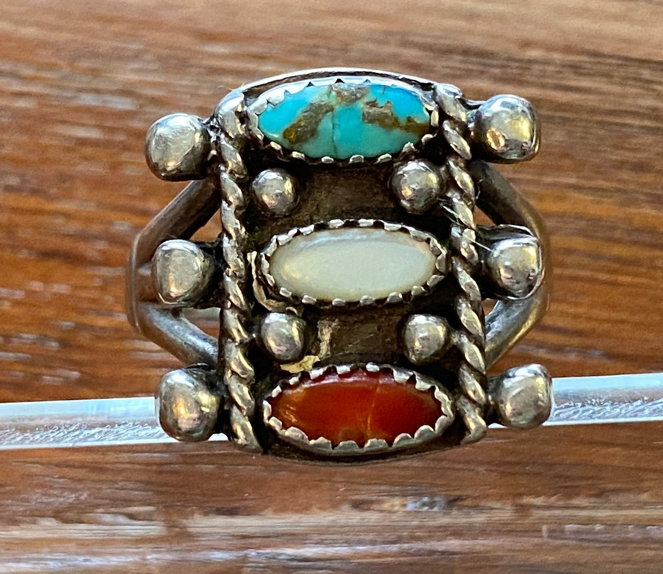 Signed Sterling Silver 925 Turquoise Red Coral MOP Ring Sz 7.5