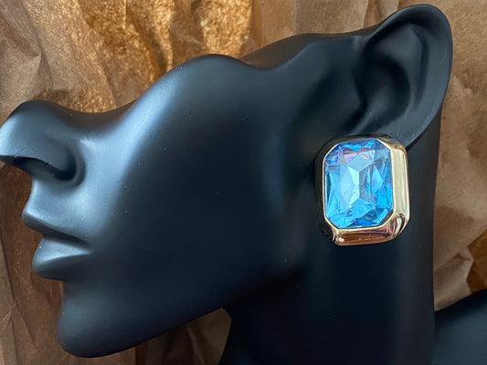 Massive Vintage 80's Gold Tone Faceted Blue Rhinestone Pierced Earrings