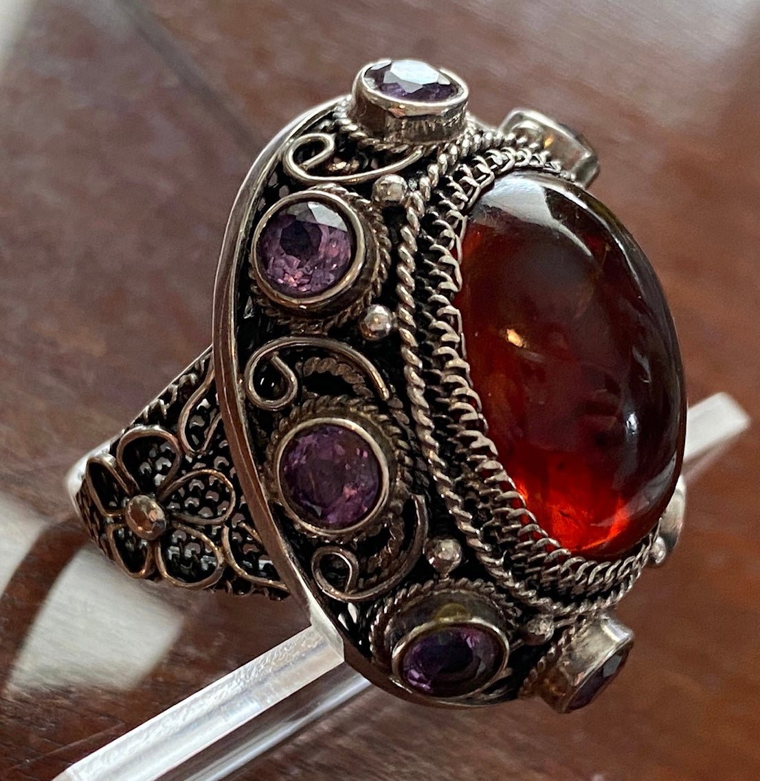 Sterling Silver 925 Amber Cabochon Amethyst Statement Ring Sz 10 Signed BJ