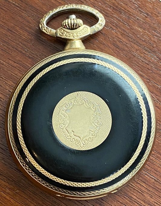 Gold Tone Crest Black Majestron Quartz Pocket Watch