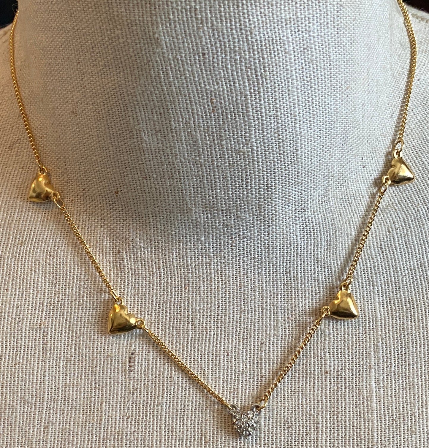 Avon Gold Tone Metal Puffy Heart Rhinestone Necklace
