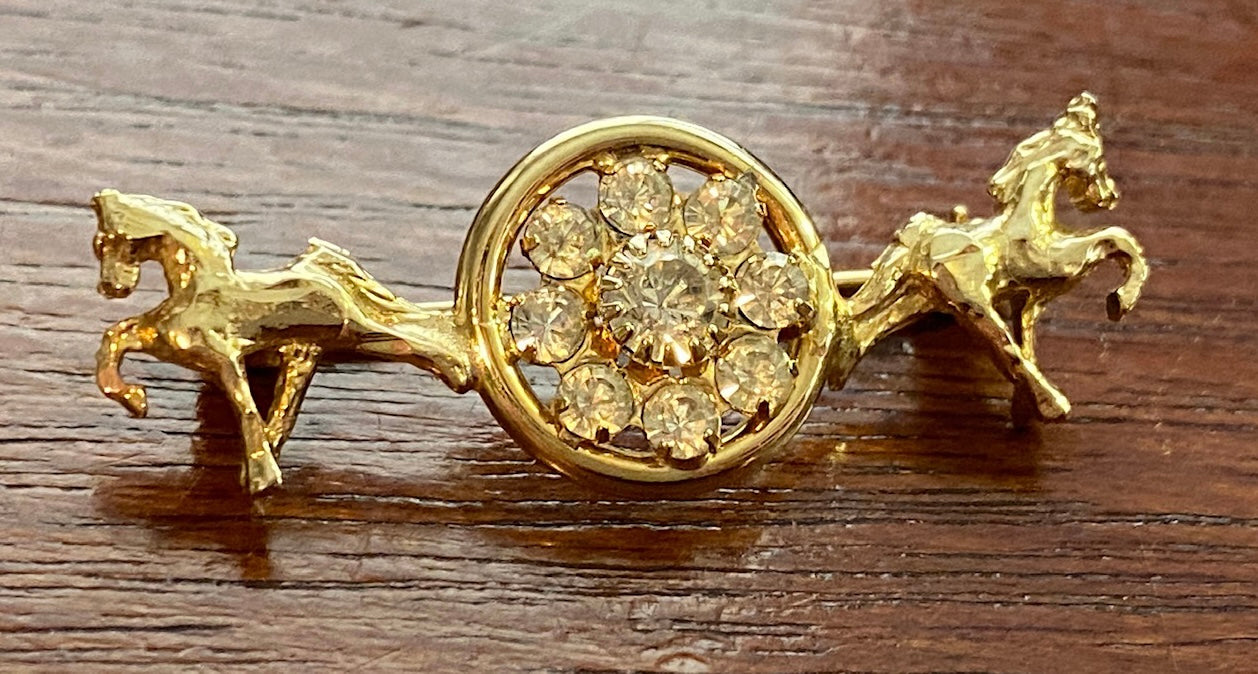 14k Yellow Gold White Topaz Horse Brooch Pin