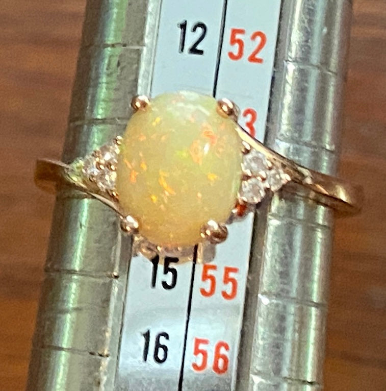 Signed RI 10k Yellow Gold Opal Cabochon Diamond Accent Ring Sz 6.5