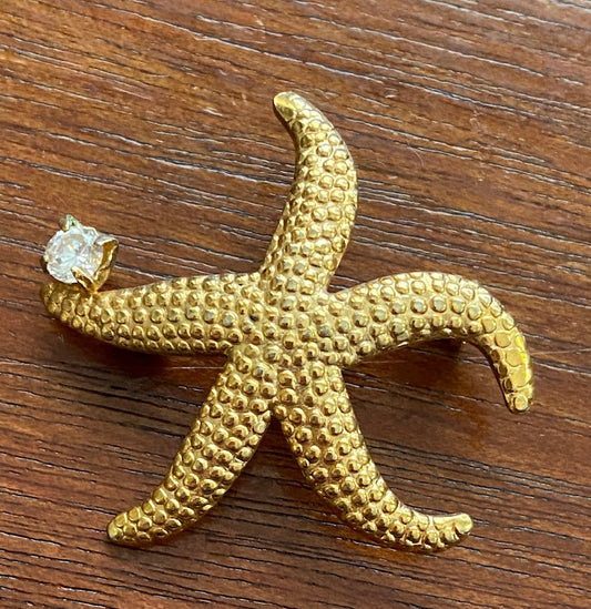 Gold Tone Metal Starfish with CZ Accent Brooch Pin