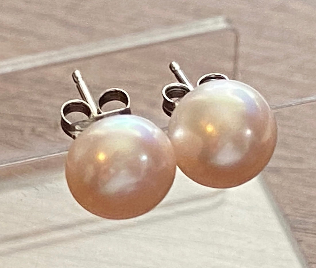 Sterling Silver 925 9mm Pink Cultured Pearl Stud Earrings Pierced Signed CP