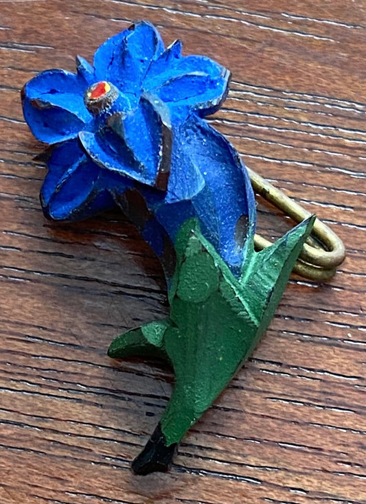 Vintage Antique Painted Carved Wood Flower Brooch Pin