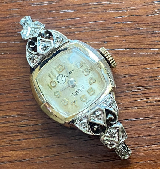 Vintage Kaltron 17j 10k Rolled Gold Wristwatch Diamond Accents