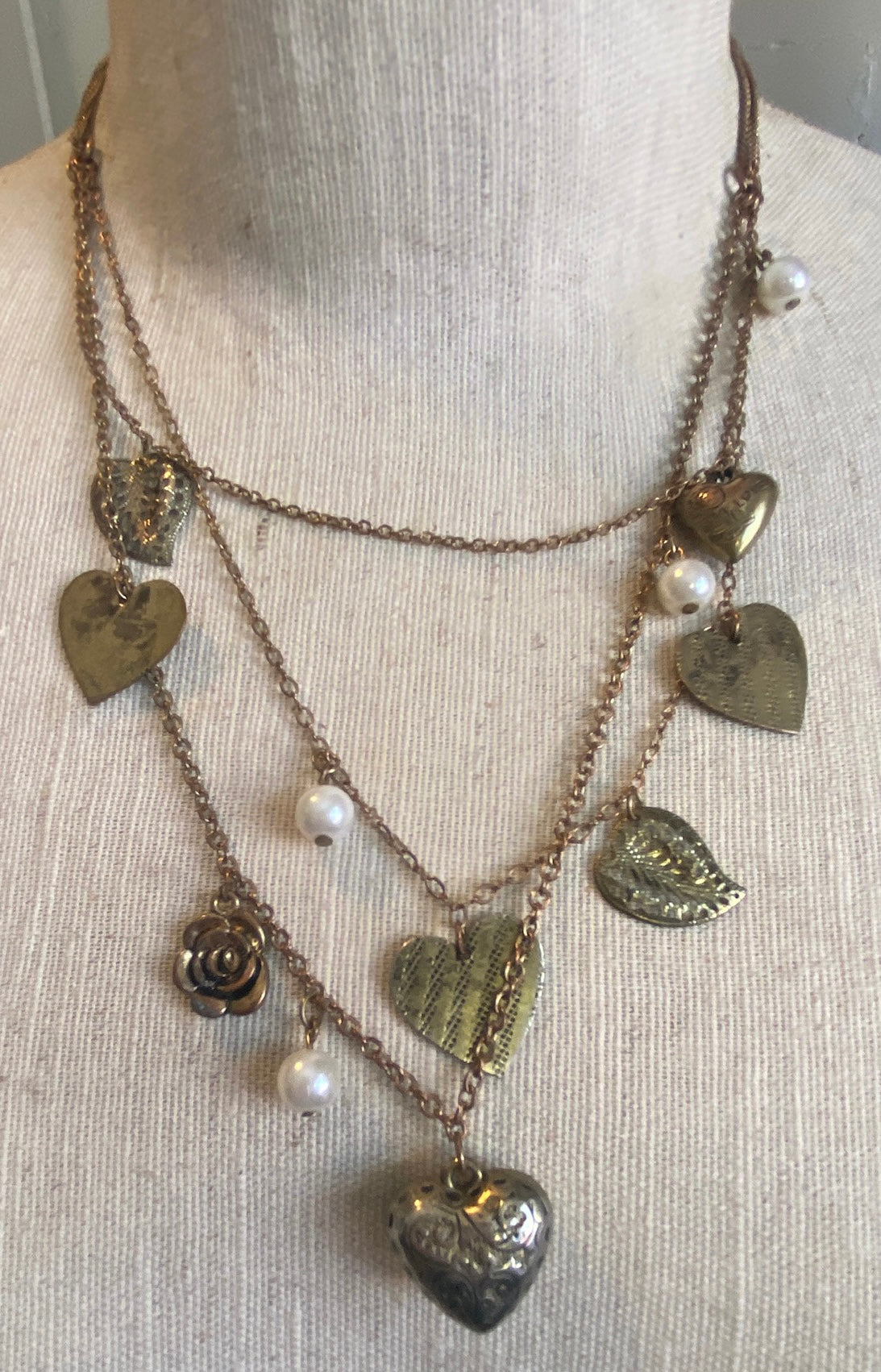 Bronze Brass Tone Puffy Heart Charm Faux Pearl Multistrand Necklace