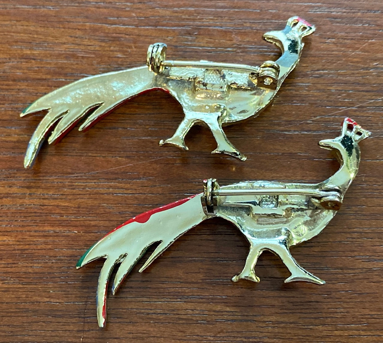Set of 2 Vintage AB Aurora Borealis Painted Peacock Brooch Pins