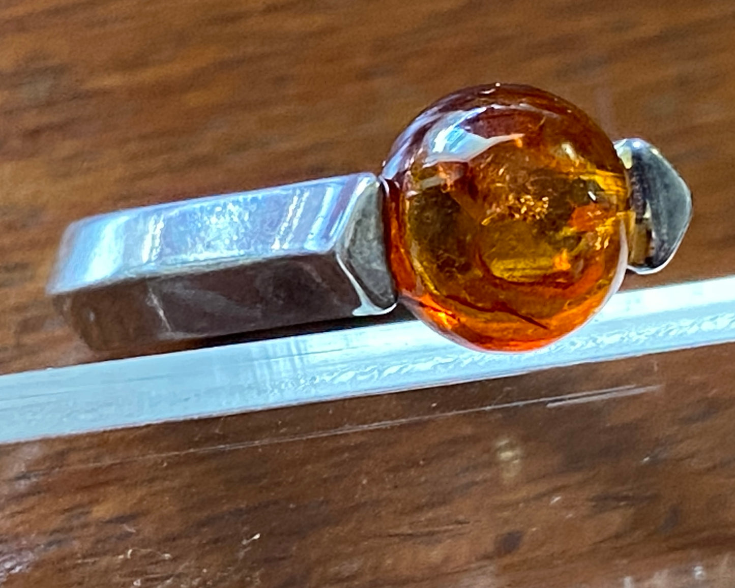 Vintage Sterling Silver 925 Round Amber Cabochon Ring Sz 5.5