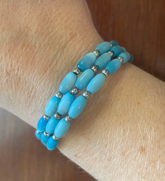 Blue Moonstone Silver Bead Wire Wrap Bracelet