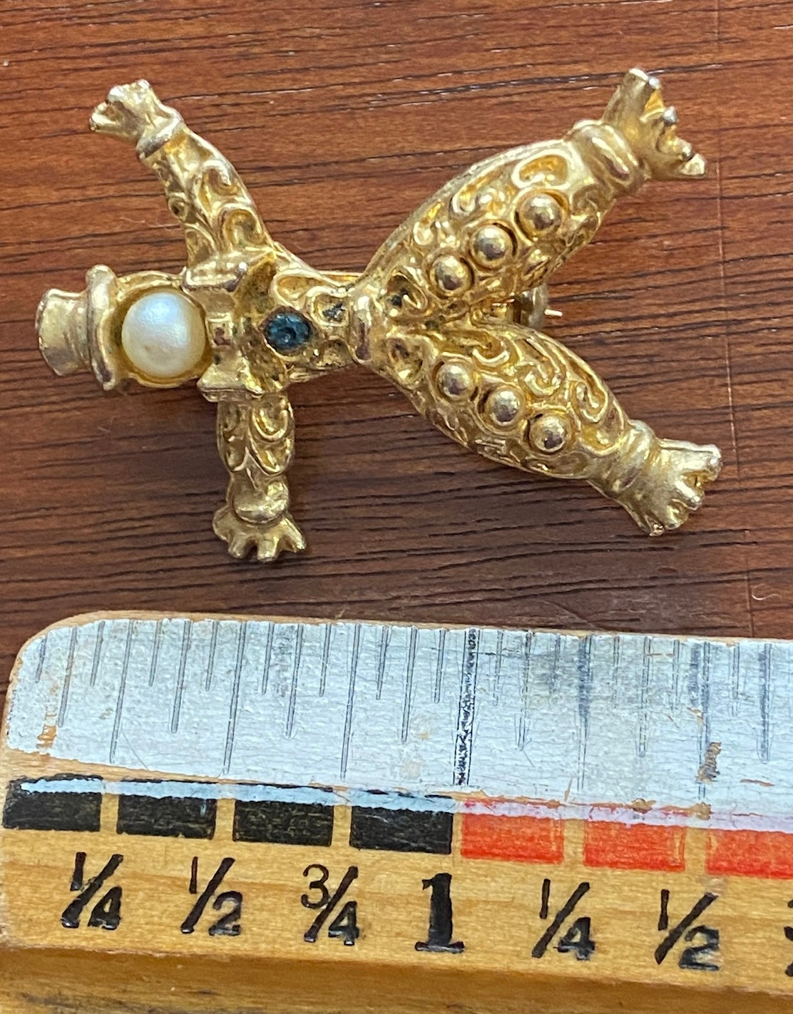 Vintage Gold Tone Faux Pearl Rhinestone Scarecrow Clown Brooch Pin