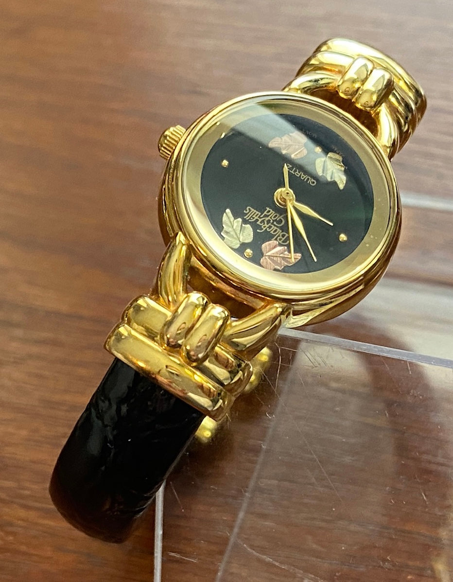 12k Black Hills Gold Wristwatch Black Leather Clamper Band