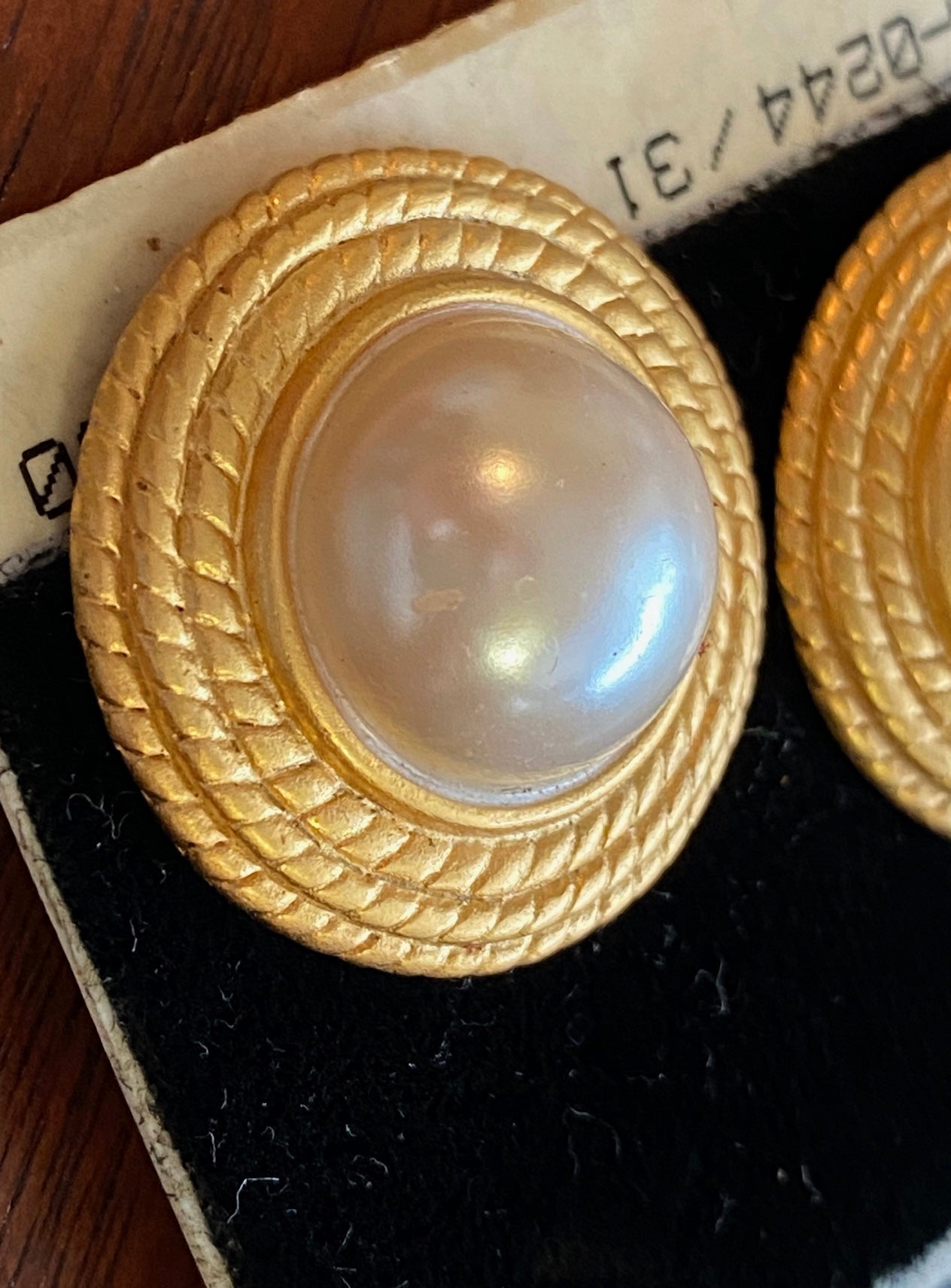Vintage Anne Klein Gold Rope Faux Pearl Cabochon Clip on Earrings
