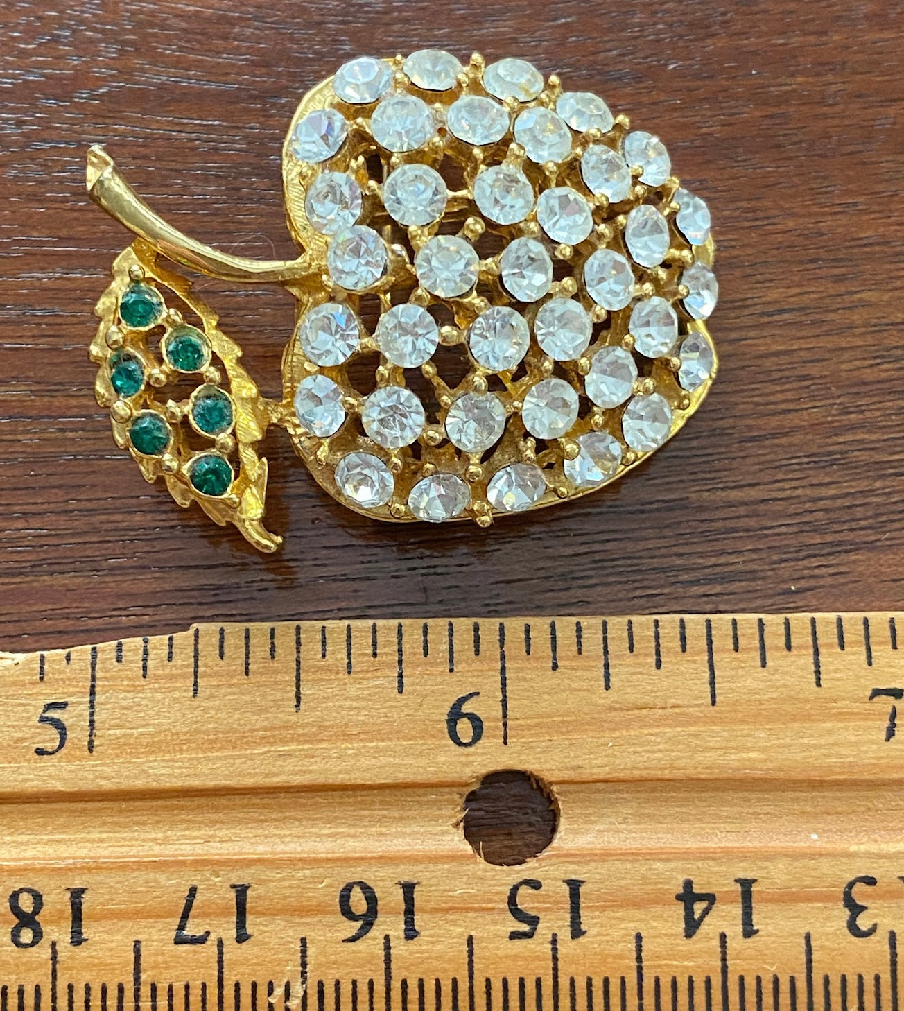 Domed Gold Tone Metal Rhinestone Apple Brooch Pin