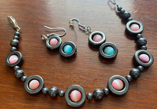 Vintage Hematite Pink Blue Stone Bracelet Earrings Set