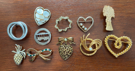 Vintage Brooch Pin Lot Gold Silver Tone Heart Ribbon Wheat Faux Pearl