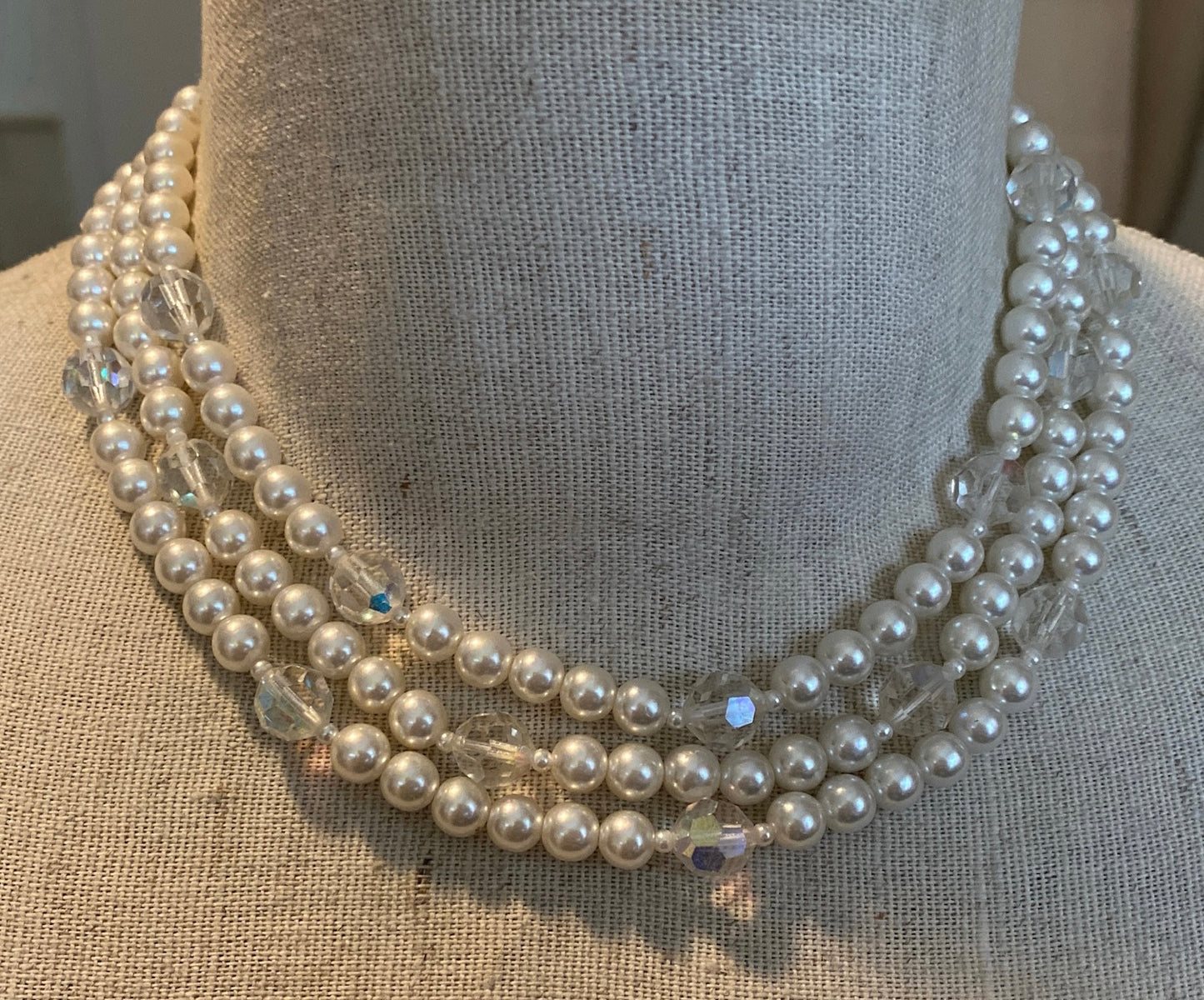 Vintage Multistrand Faux Pearl AB Aurora Borealis Collar Necklace Japan