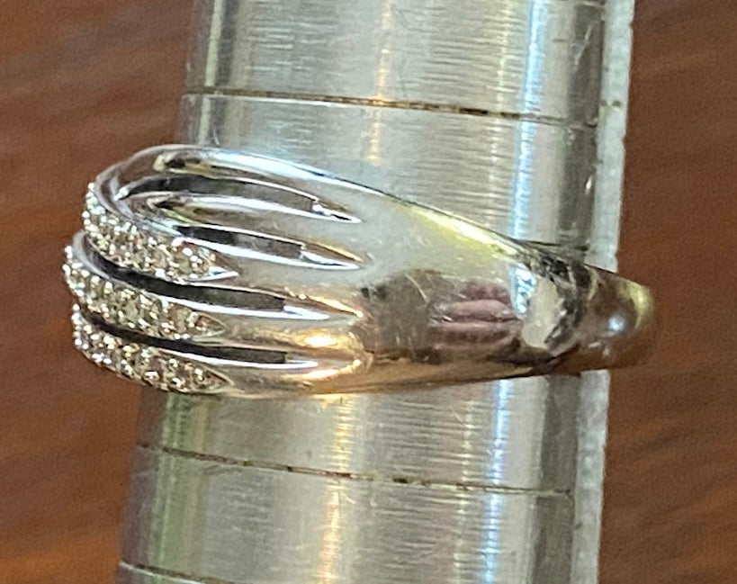 Sterling Silver 925 DESIGNER KN Diamond Pave Crossover Ring Sz 9