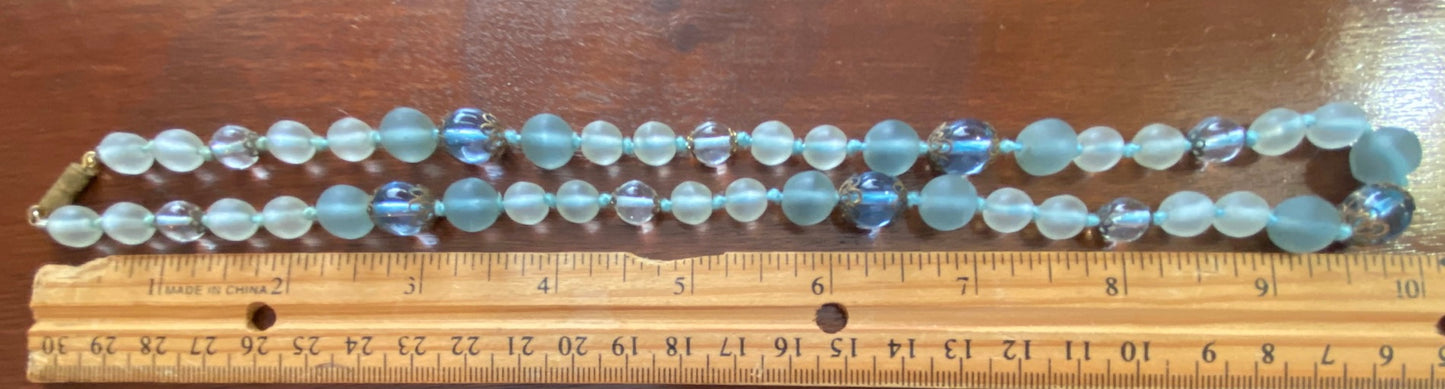 Vintage Shades of Blue Frosted Glass Bead Single Strand Necklace