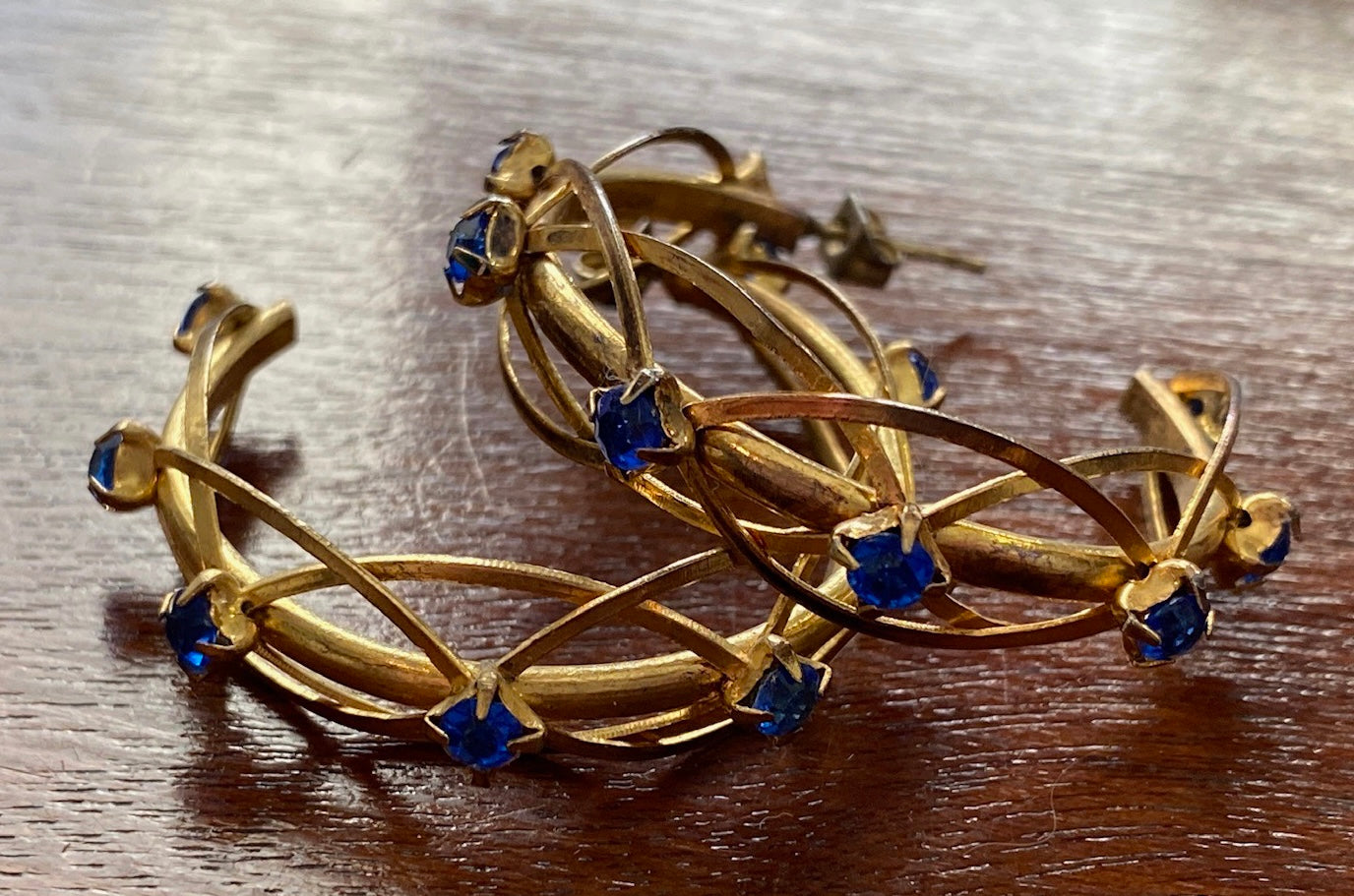 Vintage 80's Gold Tone Blue Rhinestone Half Hoop Pierced Earrings