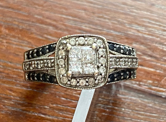 FD 14k White Gold Quad Cut Diamond Sapphire Engagement Ring Sz 6.25 Princess Round